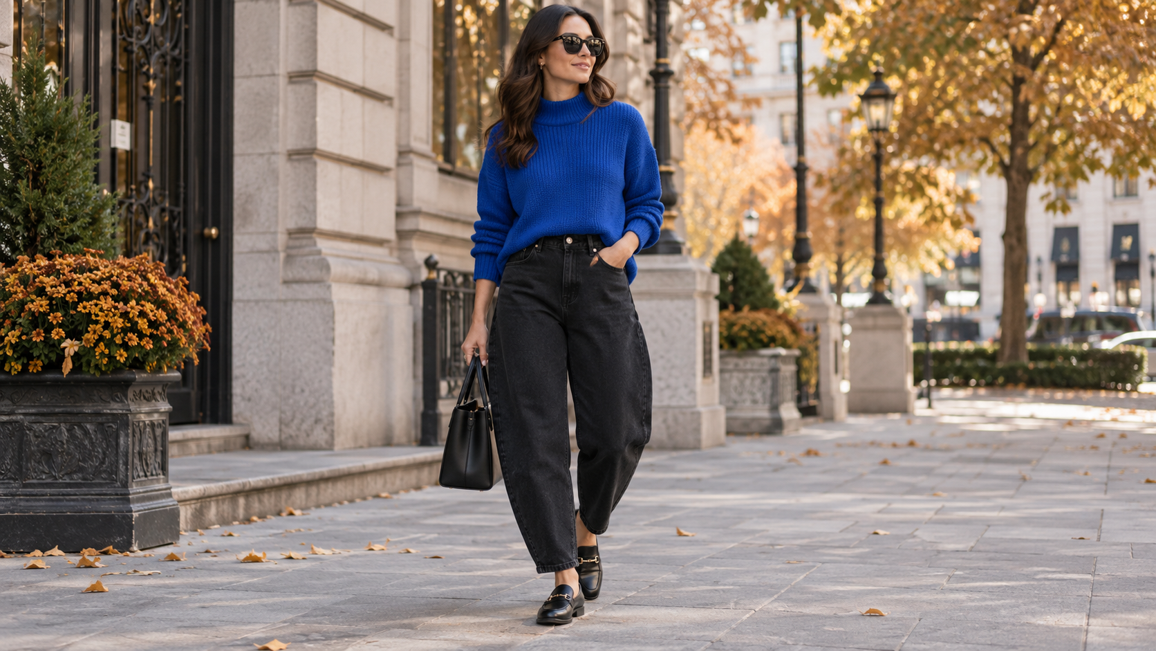Cobalt Blue Sweater with Black Barrel Jeans and Black Loafers